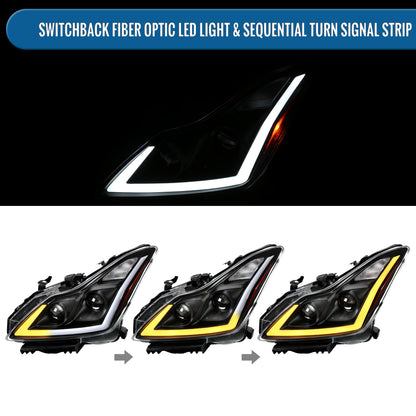 Ronnin - Fits 2008-2013 Infiniti G37 2014-2015 Infiniti Q60 Coupe Fog + Dual Beam Projector Headlights Switchback LED Sequential Signal + Animated Startup Effect Pair | Black