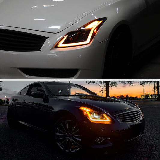 Ronnin - Fits 2008-2013 Infiniti G37 2014-2015 Infiniti Q60 Coupe Fog + Dual Beam Projector Headlights Switchback LED Sequential Signal + Animated Startup Effect Pair | Black