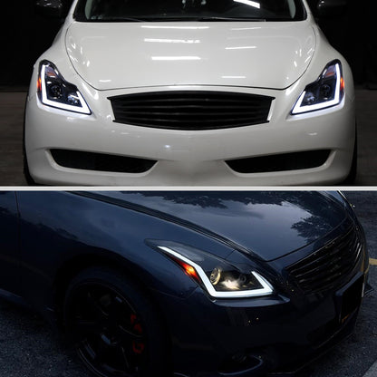 Ronnin - Fits 2008-2013 Infiniti G37 2014-2015 Infiniti Q60 Coupe Fog + Dual Beam Projector Headlights Switchback LED Sequential Signal + Animated Startup Effect Pair | Black