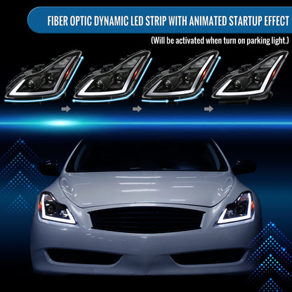 Ronnin - Fits 2008-2013 Infiniti G37 2014-2015 Infiniti Q60 Coupe Fog + Dual Beam Projector Headlights Switchback LED Sequential Signal + Animated Startup Effect Pair | Black