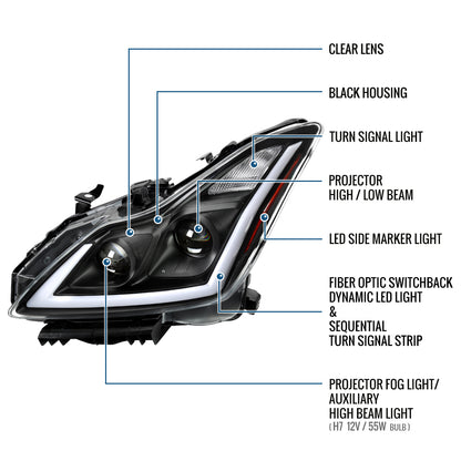 Ronnin - Fits 2008-2013 Infiniti G37 2014-2015 Infiniti Q60 Coupe Fog + Dual Beam Projector Headlights Switchback LED Sequential Signal + Animated Startup Effect Pair | Black