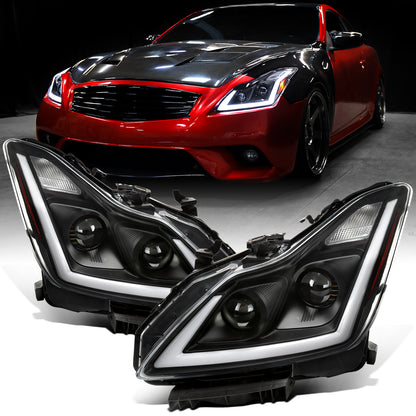 Ronnin - Fits 2008-2013 Infiniti G37 2014-2015 Infiniti Q60 Coupe Fog + Dual Beam Projector Headlights Switchback LED Sequential Signal + Animated Startup Effect Pair | Black