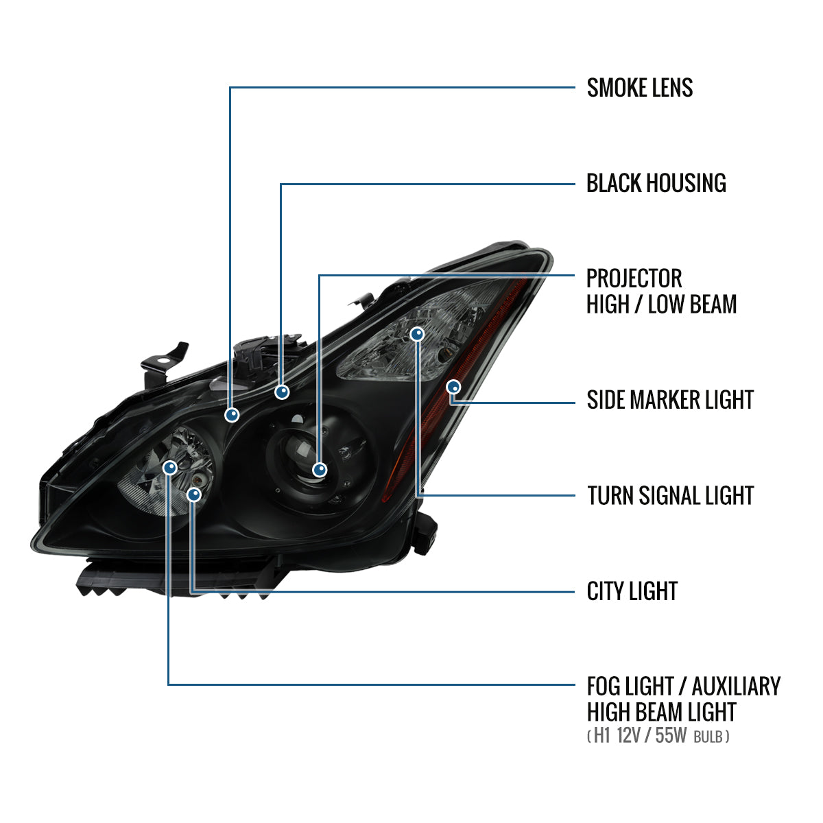 Ronnin - Fits 2008-2013 Infiniti G37 2014-2015 Q60 2Dr Coupe Factory Replacement Projector Headlights Assembly | Black Smoke