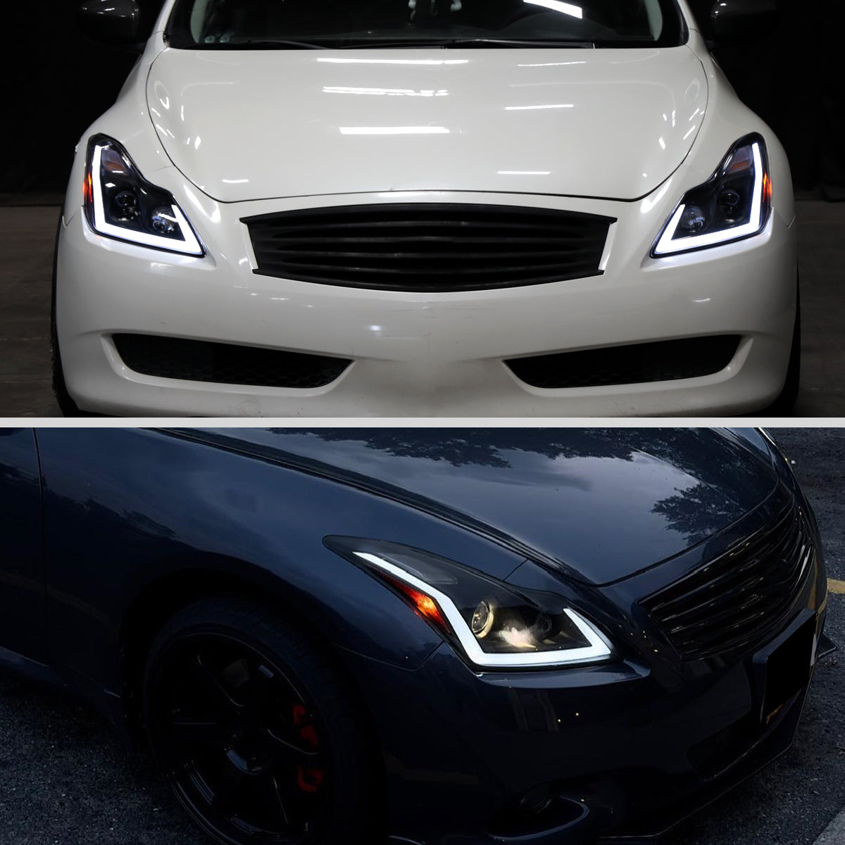 Ronnin - Fits 2008-2013 Infiniti G37 2014-2015 Infiniti Q60 Coupe Fog + Dual Beam Projector Headlights Switchback LED Sequential Signal + Animated Startup Effect Pair | Black Smoke