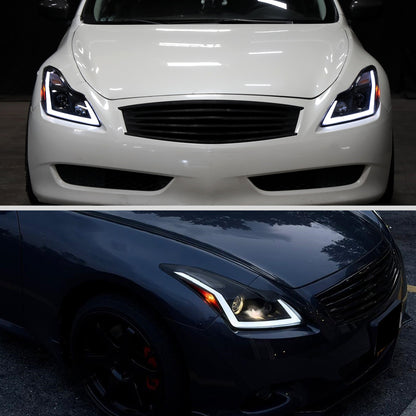Ronnin - Fits 2008-2013 Infiniti G37 2014-2015 Infiniti Q60 Coupe Fog + Dual Beam Projector Headlights Switchback LED Sequential Signal + Animated Startup Effect Pair | Black Smoke