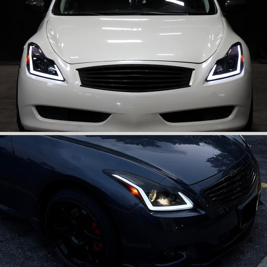 Ronnin - Fits 2008-2015 Infiniti G37 Q60 Fog + Dual Beam Projector Headlights Switchback LED Sequential Signal + Animated Startup Effect Pair | Black Smoke