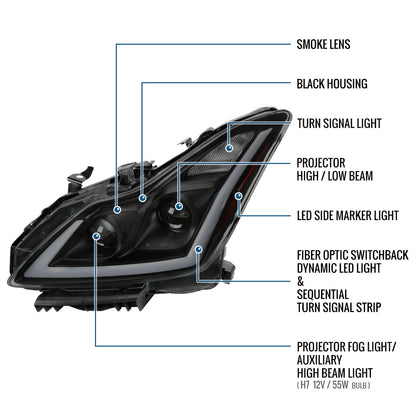 Ronnin - Fits 2008-2013 Infiniti G37 2014-2015 Infiniti Q60 Coupe Fog + Dual Beam Projector Headlights Switchback LED Sequential Signal + Animated Startup Effect Pair | Black Smoke