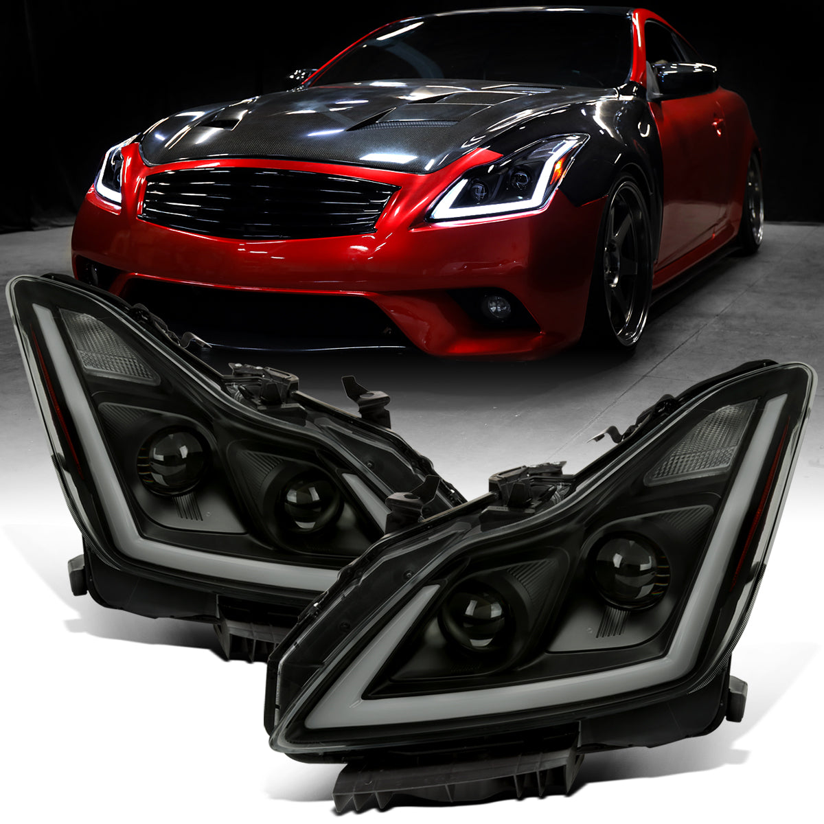 Ronnin - Fits 2008-2013 Infiniti G37 2014-2015 Infiniti Q60 Coupe Fog + Dual Beam Projector Headlights Switchback LED Sequential Signal + Animated Startup Effect Pair | Black Smoke