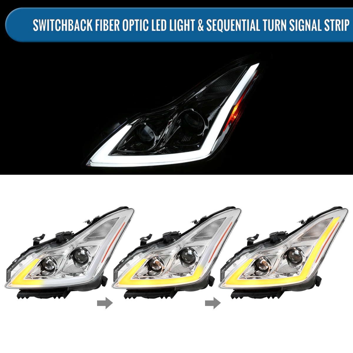 Ronnin - Fits 2008-2013 Infiniti G37 2014-2015 Infiniti Q60 Coupe Fog + Dual Beam Projector Headlights Switchback LED Sequential Signal + Animated Startup Effect Pair | Chrome