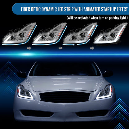 Ronnin - Fits 2008-2013 Infiniti G37 2014-2015 Infiniti Q60 Coupe Fog + Dual Beam Projector Headlights Switchback LED Sequential Signal + Animated Startup Effect Pair | Chrome