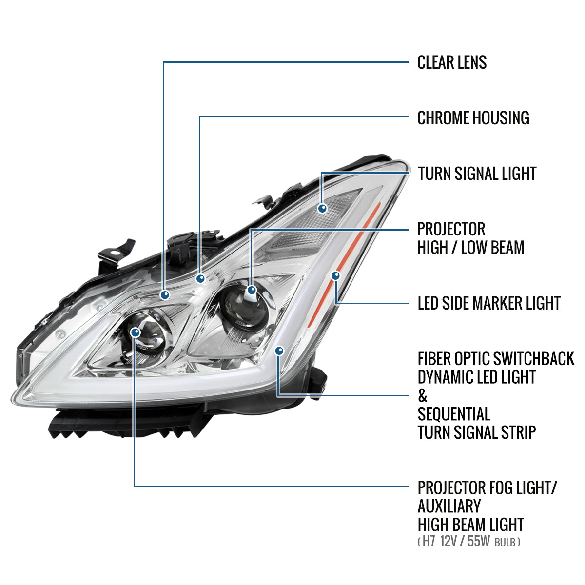 Ronnin - Fits 2008-2013 Infiniti G37 2014-2015 Infiniti Q60 Coupe Fog + Dual Beam Projector Headlights Switchback LED Sequential Signal + Animated Startup Effect Pair | Chrome