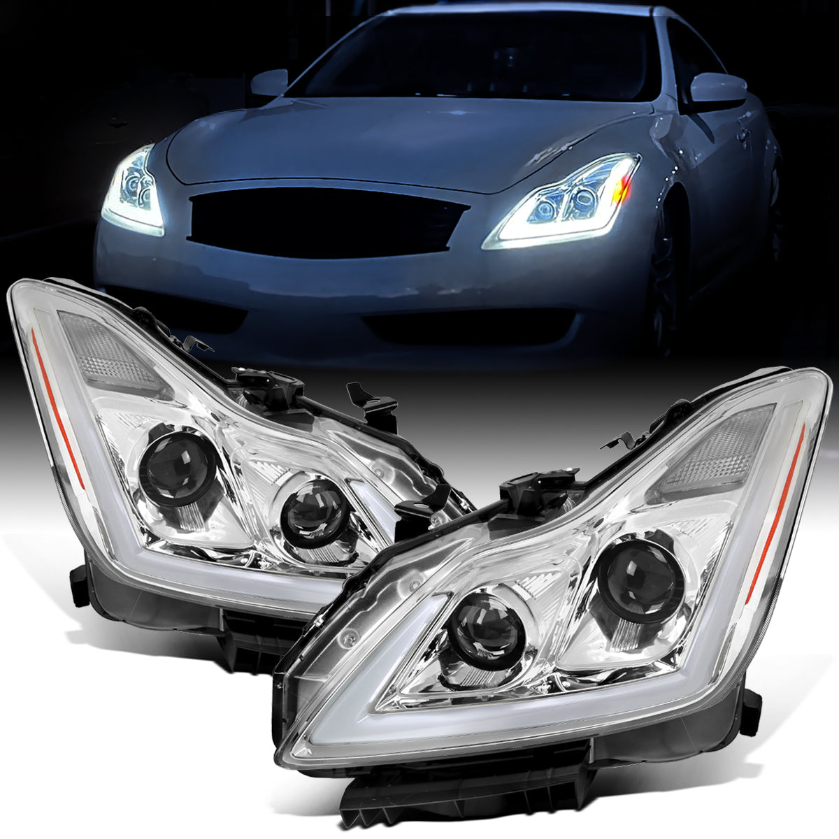 Ronnin - Fits 2008-2013 Infiniti G37 2014-2015 Infiniti Q60 Coupe Fog + Dual Beam Projector Headlights Switchback LED Sequential Signal + Animated Startup Effect Pair | Chrome