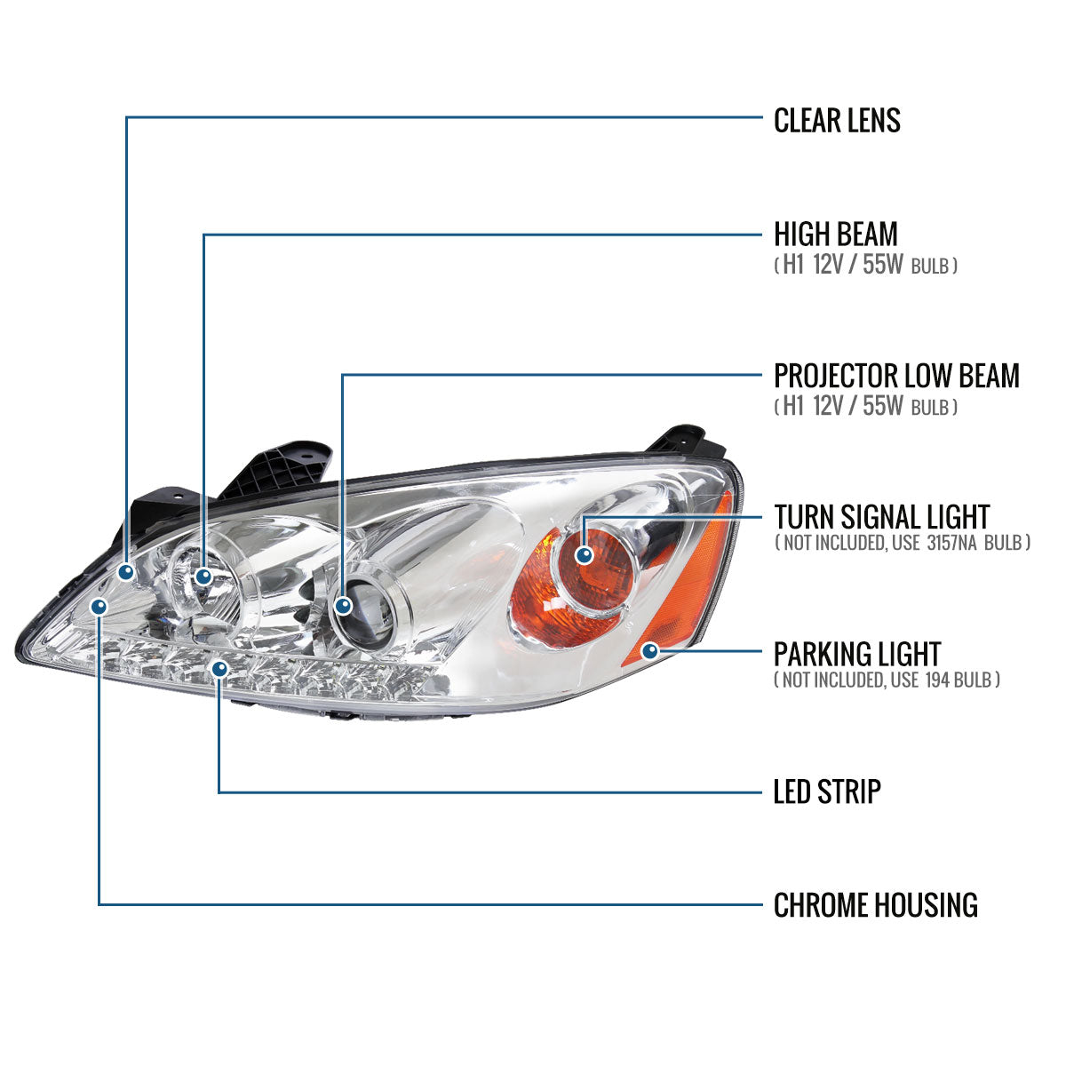 Ronnin - Fits 2005-2010 Pontiac G6 Upgraded Replacement Projector Headlights LED Running Lights Assembly Pair | Chrome