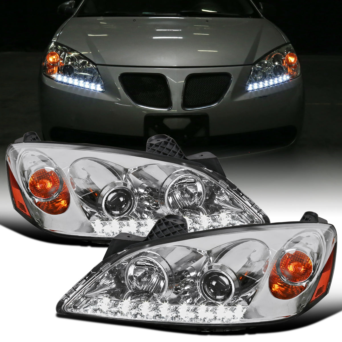 Ronnin - Fits 2005-2010 Pontiac G6 Upgraded Replacement Projector Headlights LED Running Lights Assembly Pair | Chrome