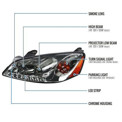 Ronnin - Fits 2005-2010 Pontiac G6 Upgraded Replacement Projector Headlights LED Running Lights Assembly Pair | Smoke