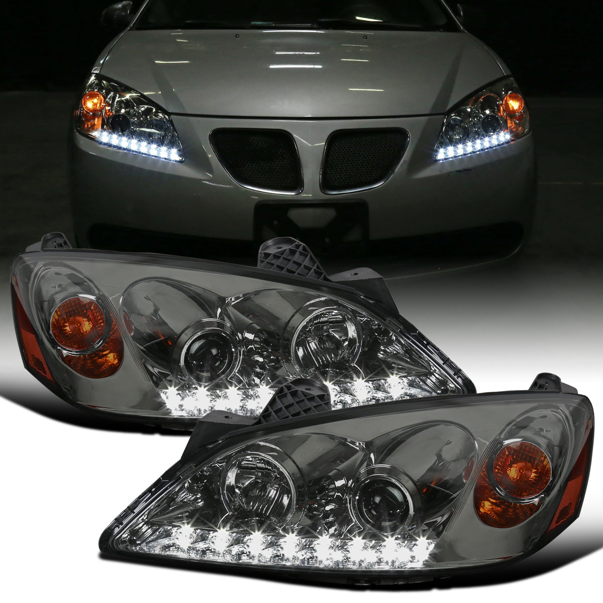 Ronnin - Fits 2005-2010 Pontiac G6 Upgraded Replacement Projector Headlights LED Running Lights Assembly Pair | Smoke
