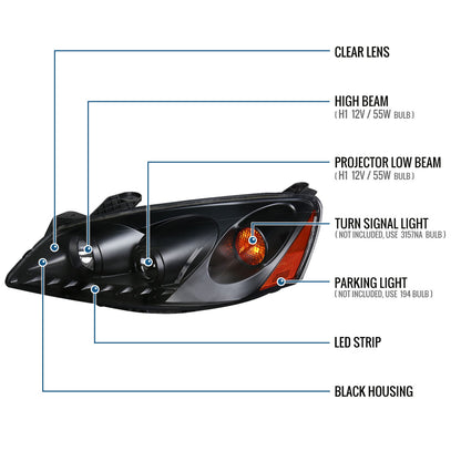 Ronnin - Fits 2005-2010 Pontiac G6 Upgraded Replacement Projector Headlights LED Running Lights Assembly Pair | Black