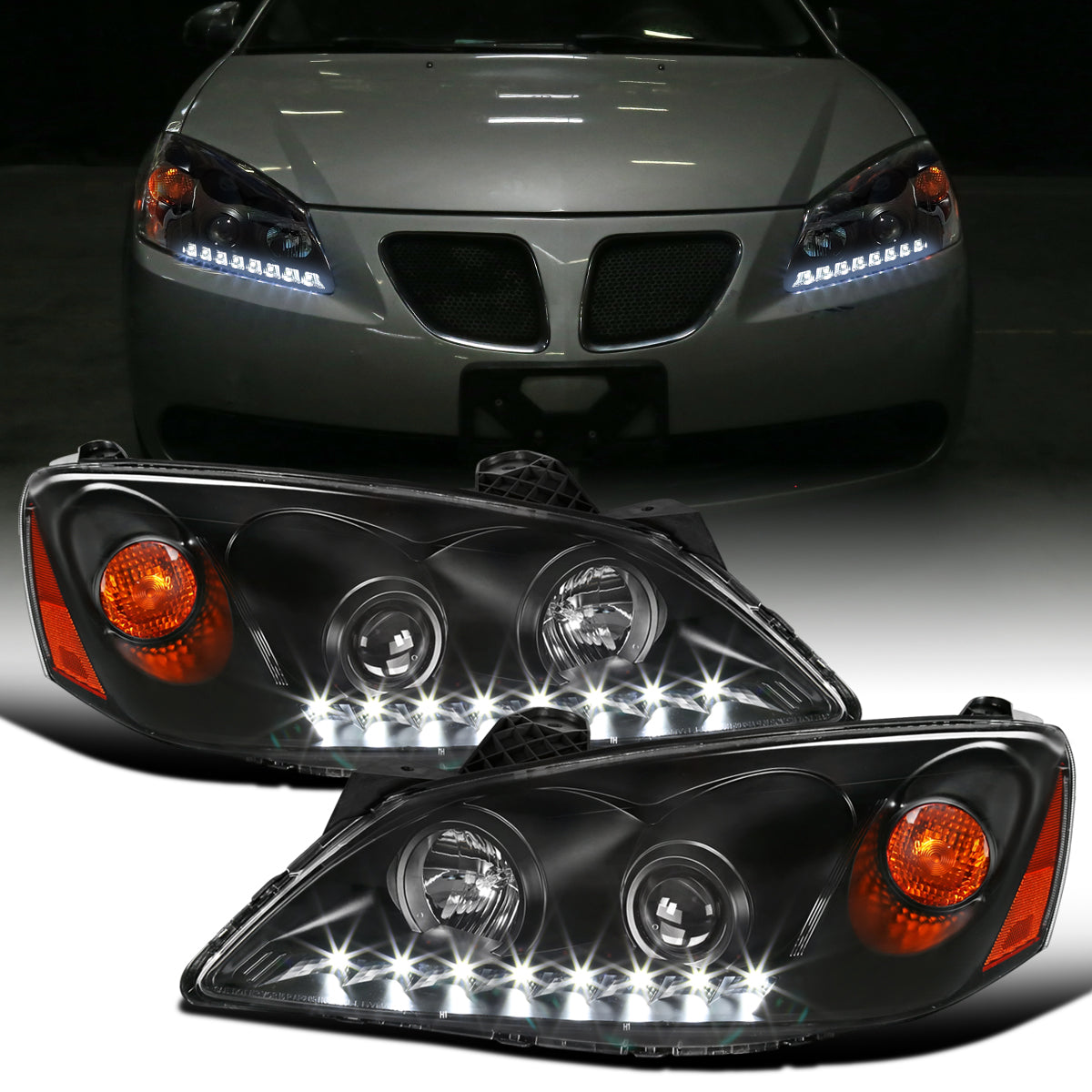 Ronnin - Fits 2005-2010 Pontiac G6 Upgraded Replacement Projector Headlights LED Running Lights Assembly Pair | Black