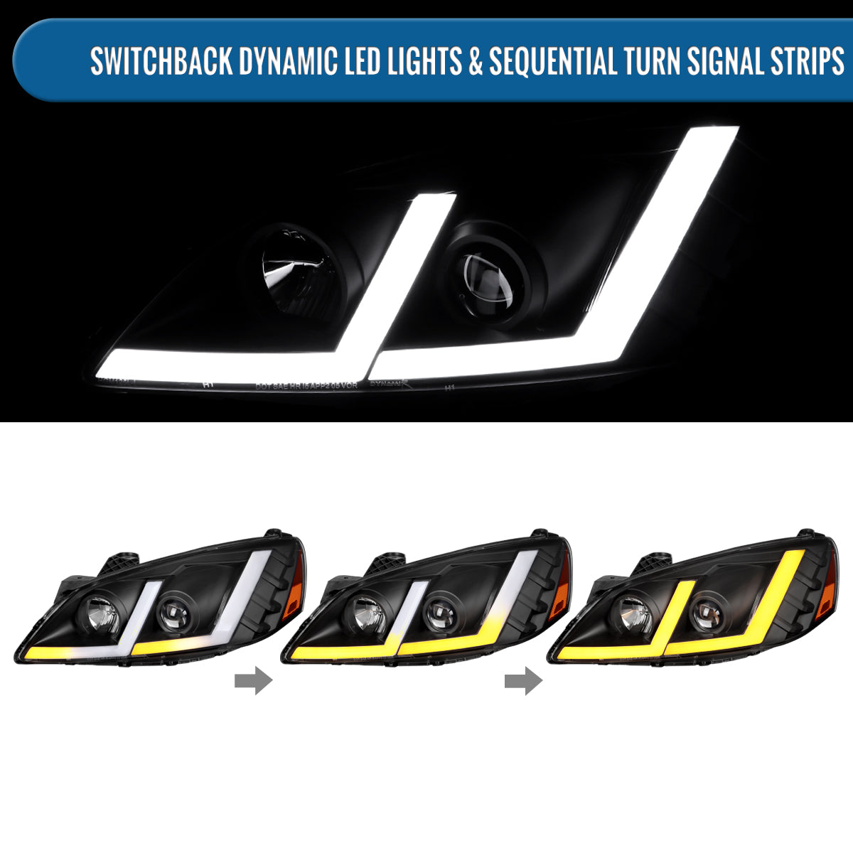 Ronnin - Fits 2005-2010 Pontiac G6 Projector Headlights LED Running Lights Switchback Sequential Turn Signals + Animated Startup Effect Parking Assembly Pair | Black