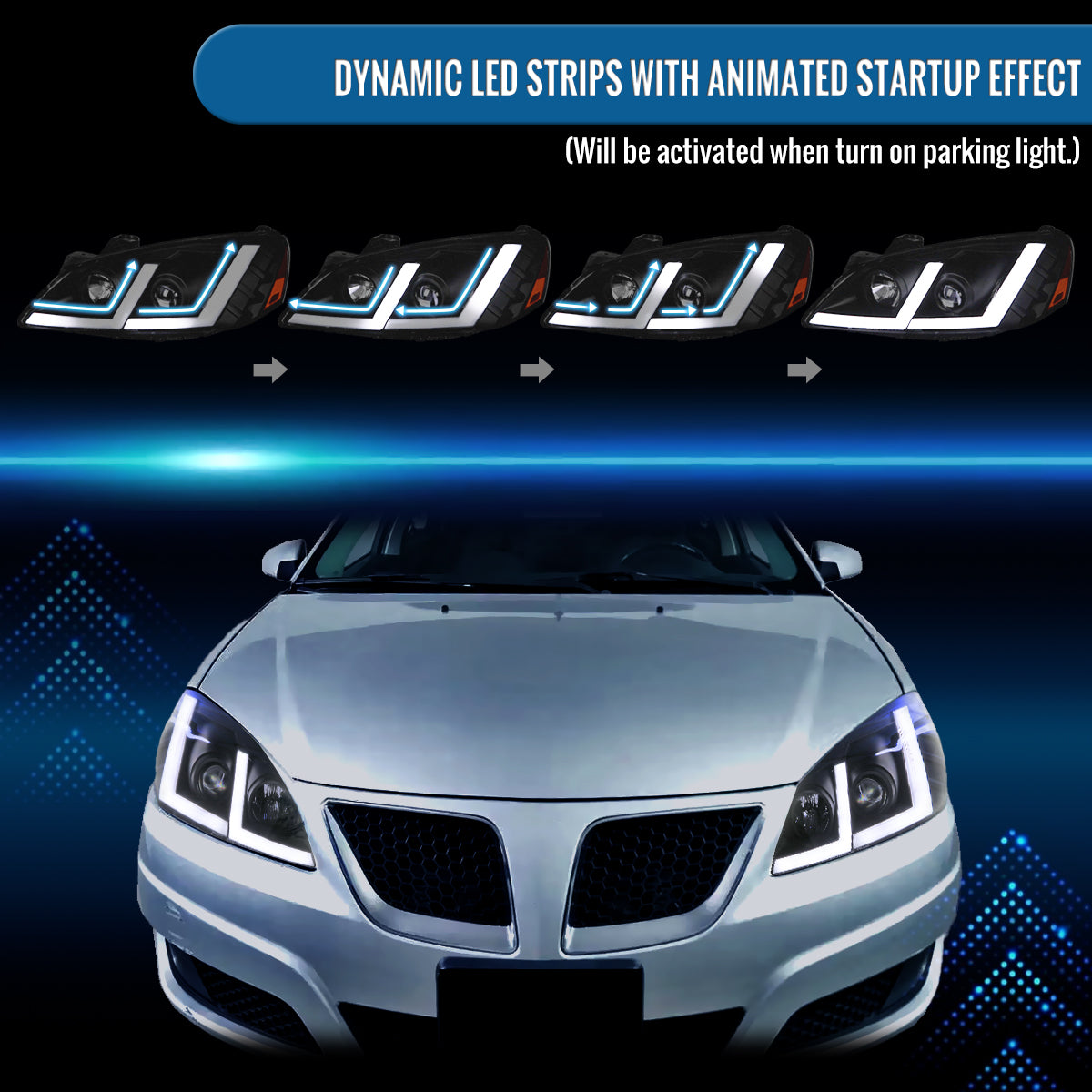 Ronnin - Fits 2005-2010 Pontiac G6 Projector Headlights LED Running Lights Switchback Sequential Turn Signals + Animated Startup Effect Parking Assembly Pair | Black