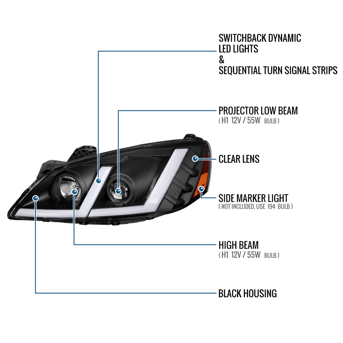 Ronnin - Fits 2005-2010 Pontiac G6 Projector Headlights LED Running Lights Switchback Sequential Turn Signals + Animated Startup Effect Parking Assembly Pair | Black