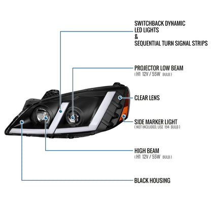 Ronnin - Fits 2005-2010 Pontiac G6 Projector Headlights LED Running Lights Switchback Sequential Turn Signals + Animated Startup Effect Parking Assembly Pair | Black