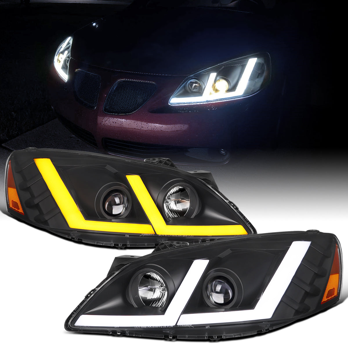 Ronnin - Fits 2005-2010 Pontiac G6 Projector Headlights LED Running Lights Switchback Sequential Turn Signals + Animated Startup Effect Parking Assembly Pair | Black