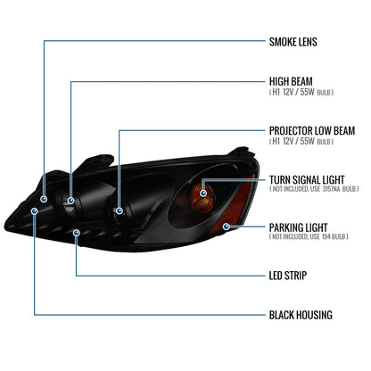 Ronnin - Fits 2005-2010 Pontiac G6 Upgraded Replacement Projector Headlights LED Running Lights Assembly Pair | Black Smoke