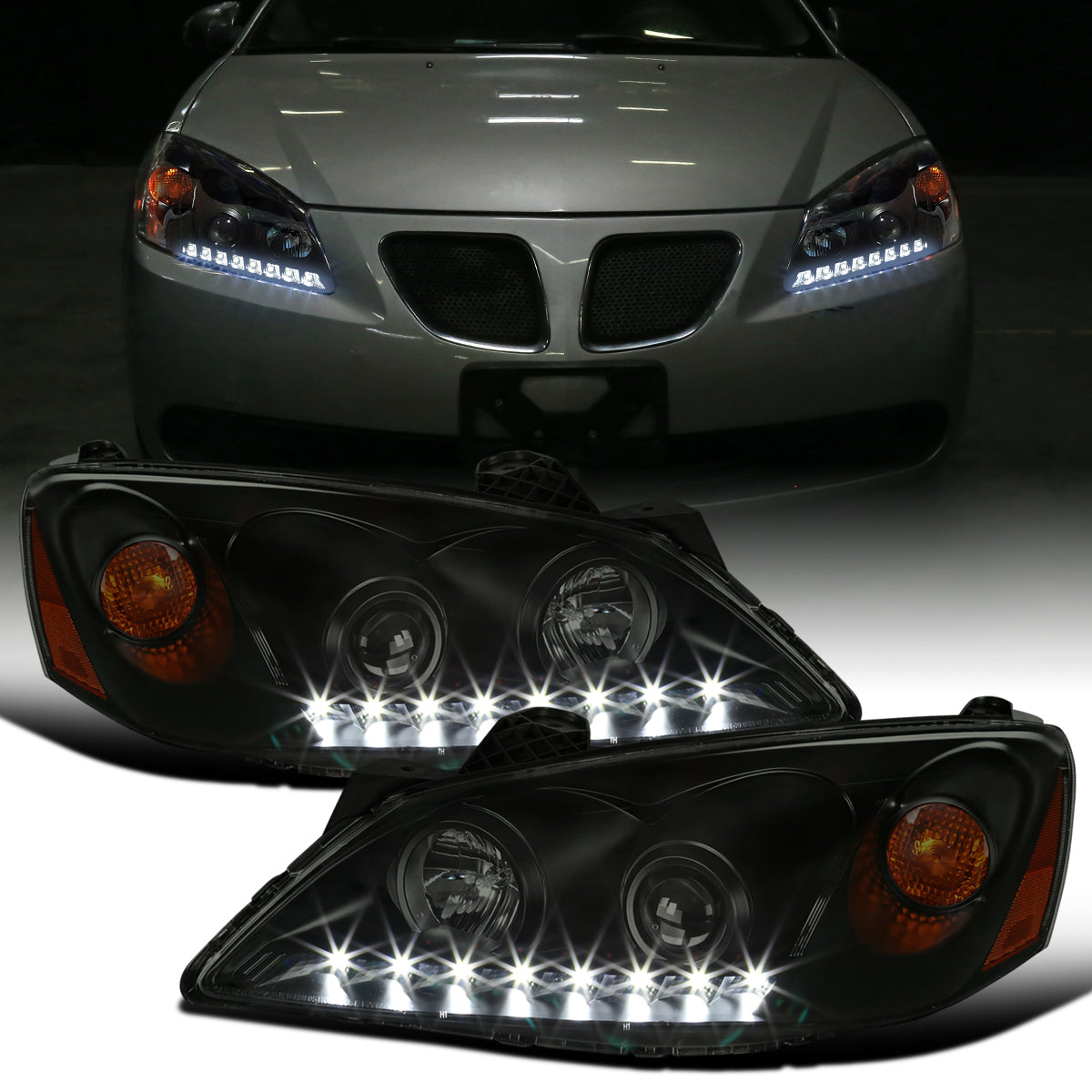 Ronnin - Fits 2005-2010 Pontiac G6 Upgraded Replacement Projector Headlights LED Running Lights Assembly Pair | Black Smoke