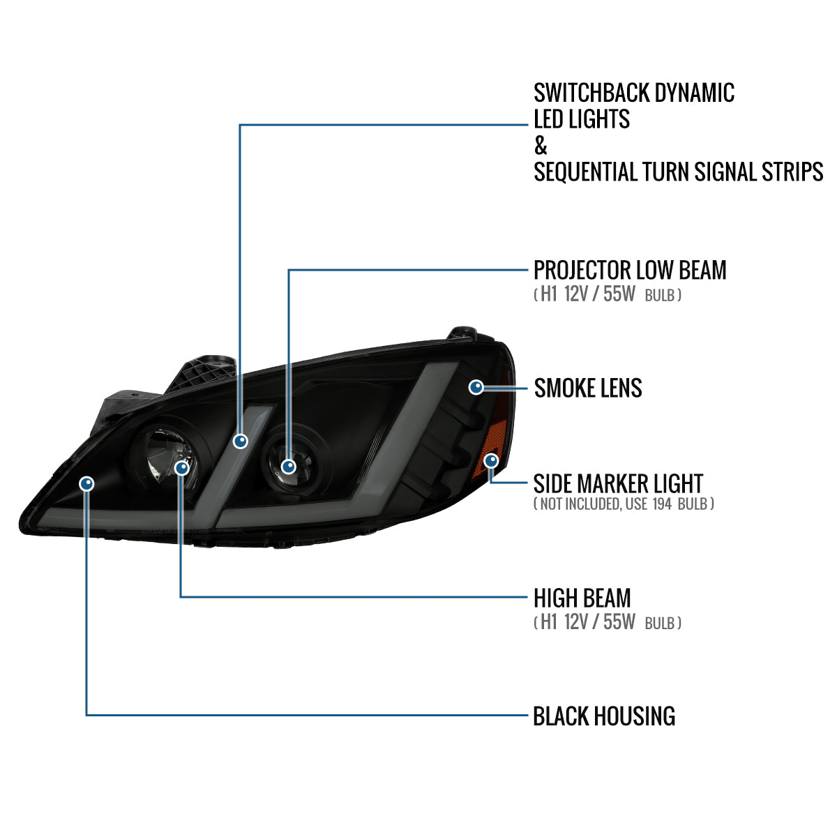 Ronnin - Fits 2005-2010 Pontiac G6 Projector Headlights LED Running Lights Switchback Sequential Turn Signals + Animated Startup Effect Parking Assembly Pair | Black Smoke