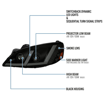 Ronnin - Fits 2005-2010 Pontiac G6 Projector Headlights LED Running Lights Switchback Sequential Turn Signals + Animated Startup Effect Parking Assembly Pair | Black Smoke