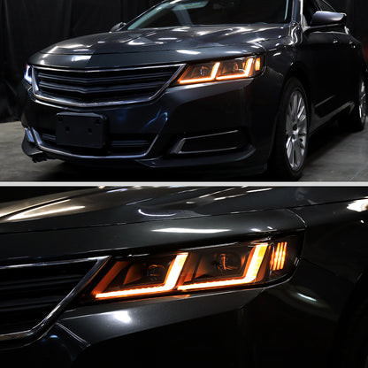 Ronnin - Fits 2014-2020 Chevy Impala Upgrade Replacement Halogen Projector Headlights LED Switchback Sequential Turn Signals + Animated Startup Assembly Pair | Black