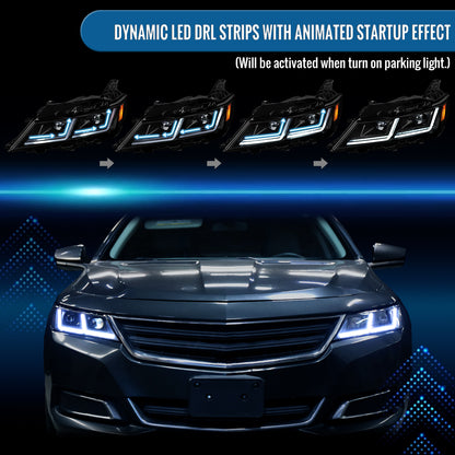 Ronnin - Fits 2014-2020 Chevy Impala Upgrade Replacement Halogen Projector Headlights LED Switchback Sequential Turn Signals + Animated Startup Assembly Pair | Black