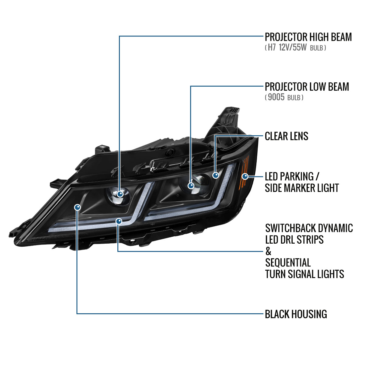 Ronnin - Fits 2014-2020 Chevy Impala Upgrade Replacement Halogen Projector Headlights LED Switchback Sequential Turn Signals + Animated Startup Assembly Pair | Black