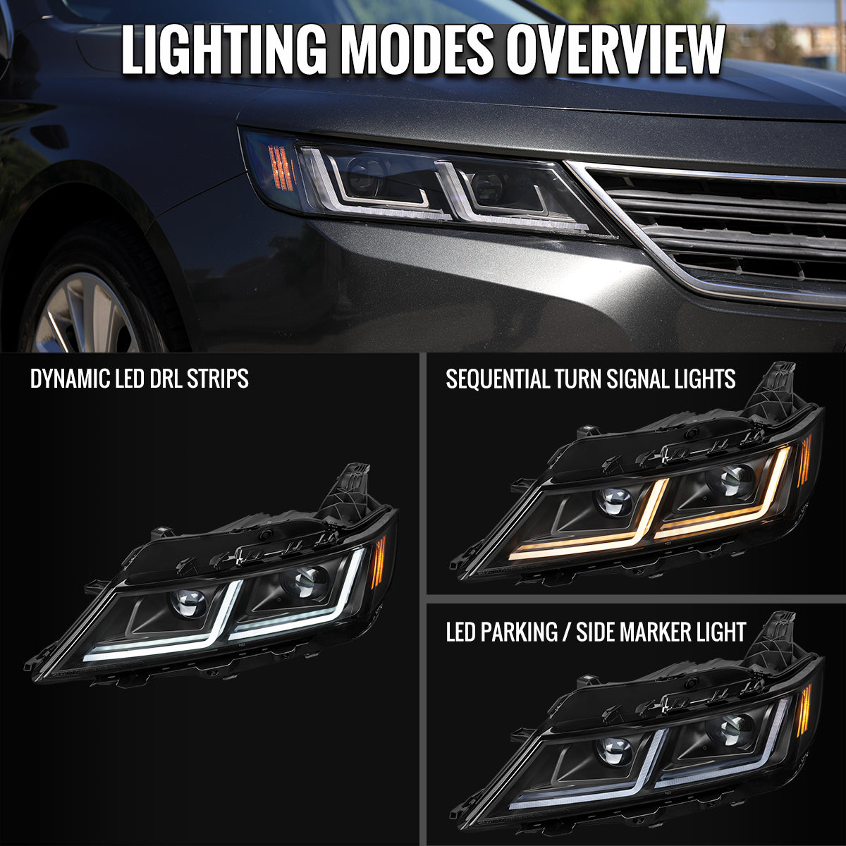 Ronnin - Fits 2014-2020 Chevy Impala Upgrade Replacement Halogen Projector Headlights LED Switchback Sequential Turn Signals + Animated Startup Assembly Pair | Black