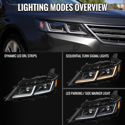 Ronnin - Fits 2014-2020 Chevy Impala Upgrade Replacement Halogen Projector Headlights LED Switchback Sequential Turn Signals + Animated Startup Assembly Pair | Black