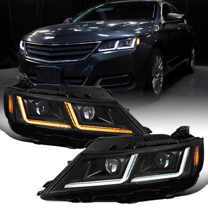 Ronnin - Fits 2014-2020 Chevy Impala Upgrade Replacement Halogen Projector Headlights LED Switchback Sequential Turn Signals + Animated Startup Assembly Pair | Black