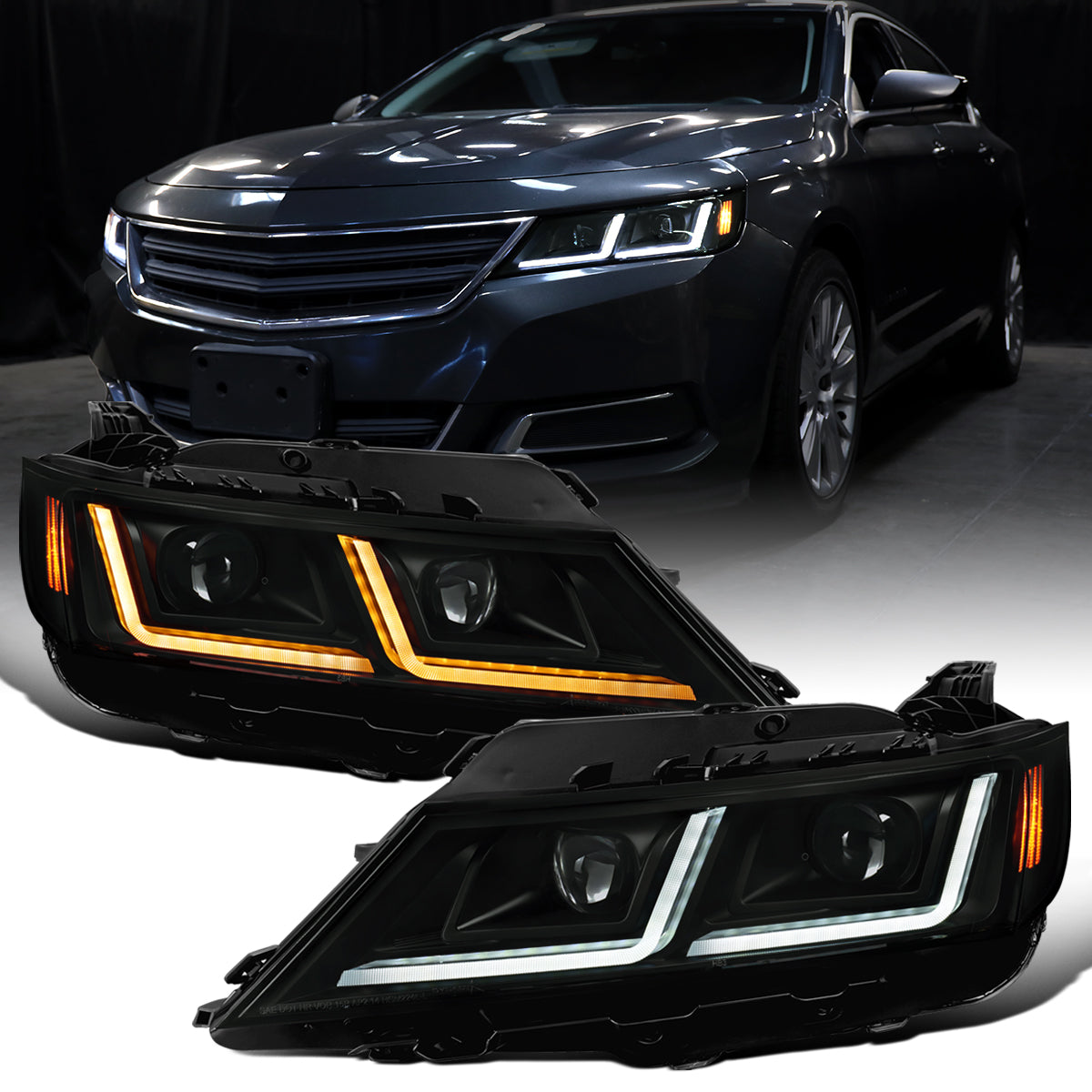 Ronnin - Fits 2014-2020 Chevy Impala Upgrade Replacement Halogen Projector Headlights LED Switchback Sequential Turn Signals + Animated Startup Assembly Pair | Black Smoke