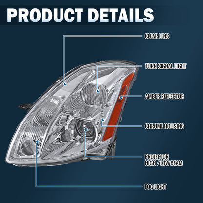 Ronnin - Se adapta a Nissan Maxima 2004-2006 Halógeno Proyector Conjunto de faros delanteros Par | Cromado