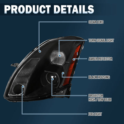 Ronnin - Se adapta a Nissan Maxima 2004-2006 Par de faros delanteros halógenos con proyector | Negros