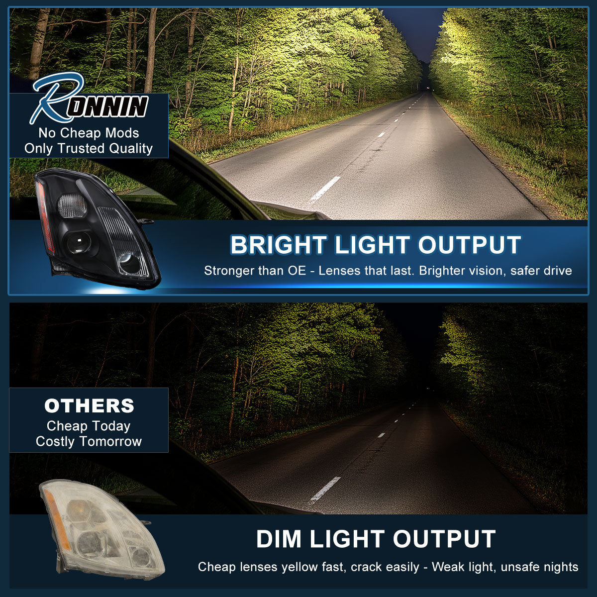 Ronnin - Se adapta a Nissan Maxima 2004-2006 Par de faros delanteros halógenos con proyector | Negros