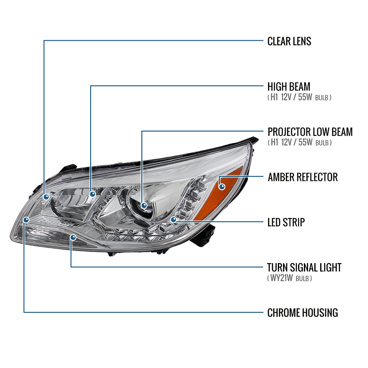 Ronnin - Se adapta a Chevy Malibu 2013-2015 Luces de circulación diurna LED Proyectores delanteros halógenos (par) | Cromado