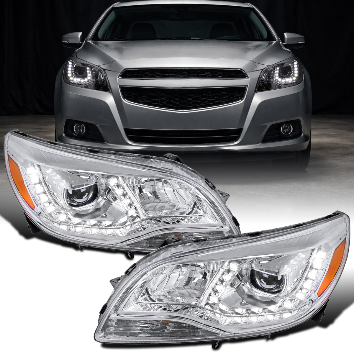 Ronnin - Se adapta a Chevy Malibu 2013-2015 Luces de circulación diurna LED Proyectores delanteros halógenos (par) | Cromado