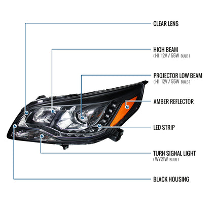 Ronnin - Se adapta al par de faros delanteros con proyector halógeno LED para luces de circulación diurna Chevy Malibu 2013-2015 | Negro