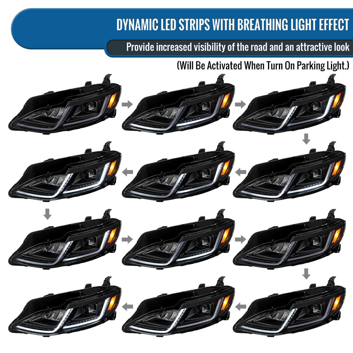 Ronnin - Fits 2019-2024 Chevy Malibu Halogen Projector Headlights Switchback LED Sequential Turn Signal + Animated Startup Effect Pair | Black