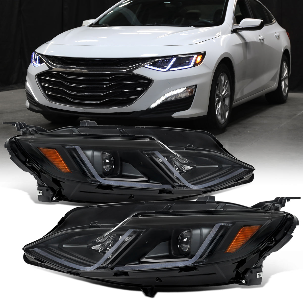 Ronnin - Fits 2019-2024 Chevy Malibu Halogen Projector Headlights Switchback LED Sequential Turn Signal + Animated Startup Effect Pair | Black