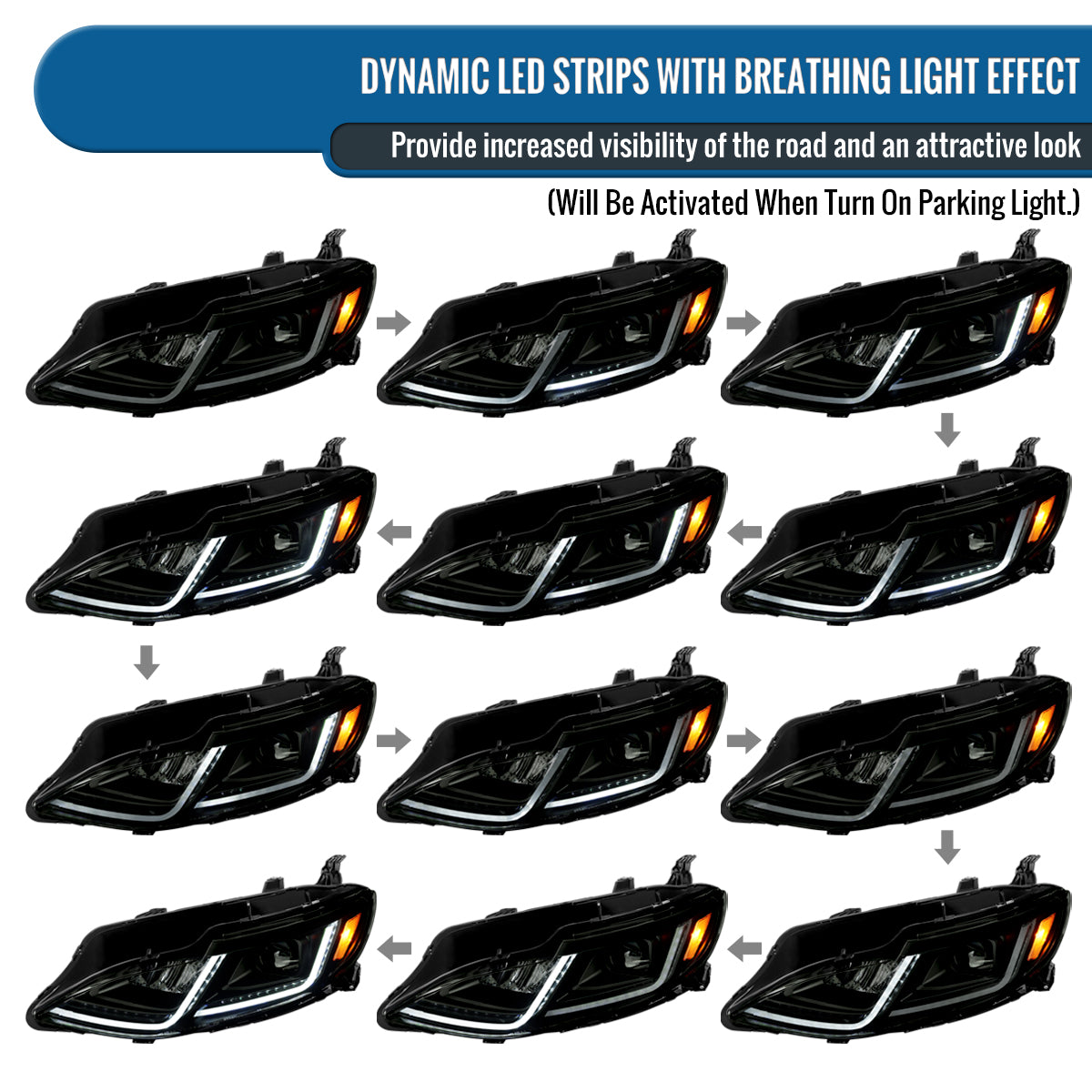 Ronnin - Fits 2019-2024 Chevy Malibu Halogen Projector Headlights Switchback LED Sequential Turn Signal + Animated Startup Effect Pair | Black Smoke