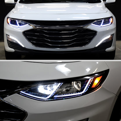 Ronnin - Fits 2019-2024 Chevy Malibu Halogen Projector Headlights Switchback LED Sequential Turn Signal + Animated Startup Effect Pair | Black Smoke