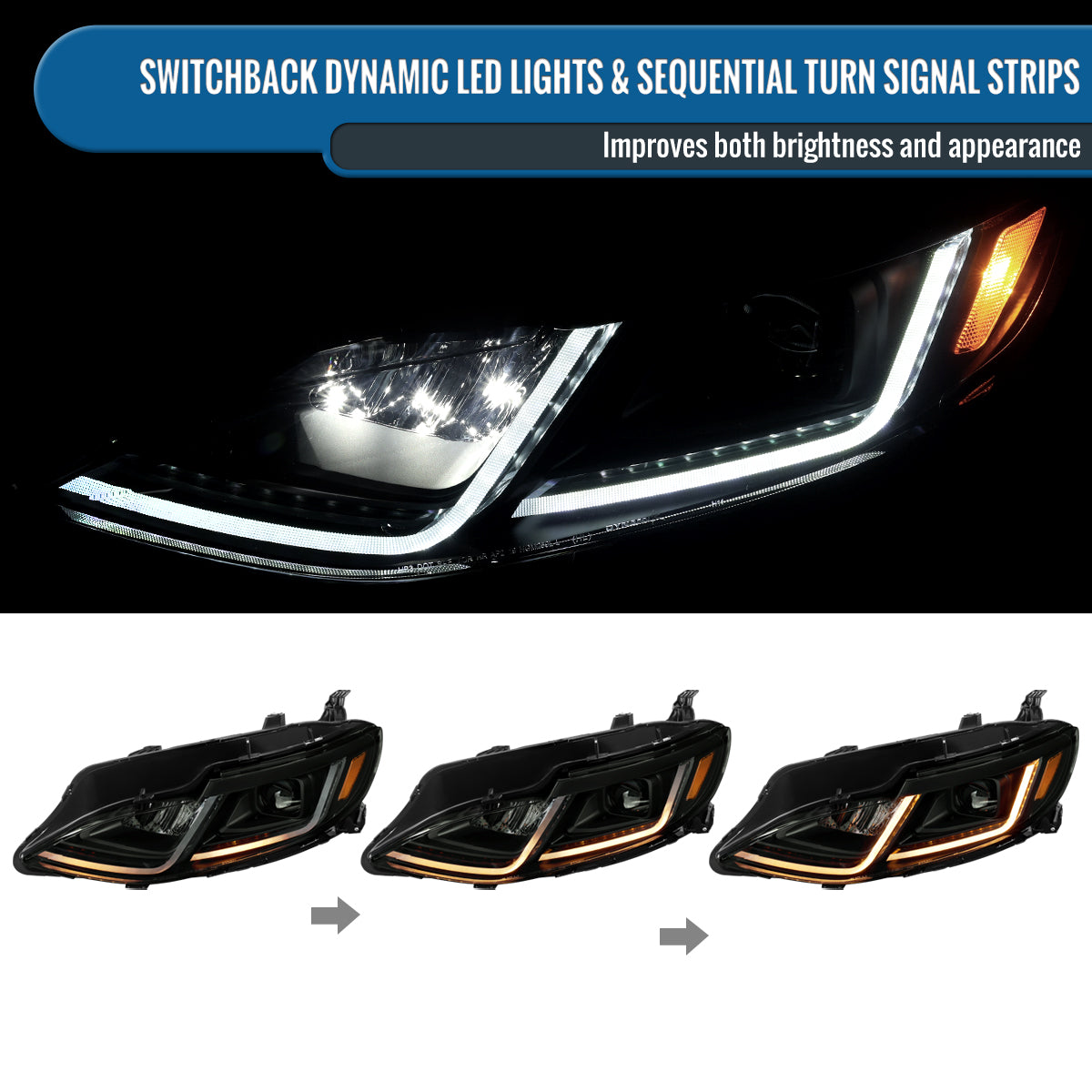 Ronnin - Fits 2019-2024 Chevy Malibu Halogen Projector Headlights Switchback LED Sequential Turn Signal + Animated Startup Effect Pair | Black Smoke