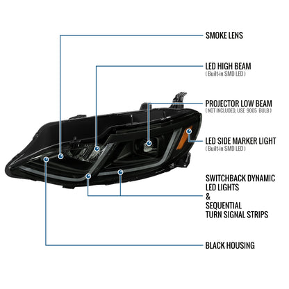 Ronnin - Fits 2019-2024 Chevy Malibu Halogen Projector Headlights Switchback LED Sequential Turn Signal + Animated Startup Effect Pair | Black Smoke